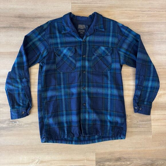 Pendleton Mens Size M The Original Board Shirt Blue Plaid Wool Flannel Button Up - Picture 1 of 6